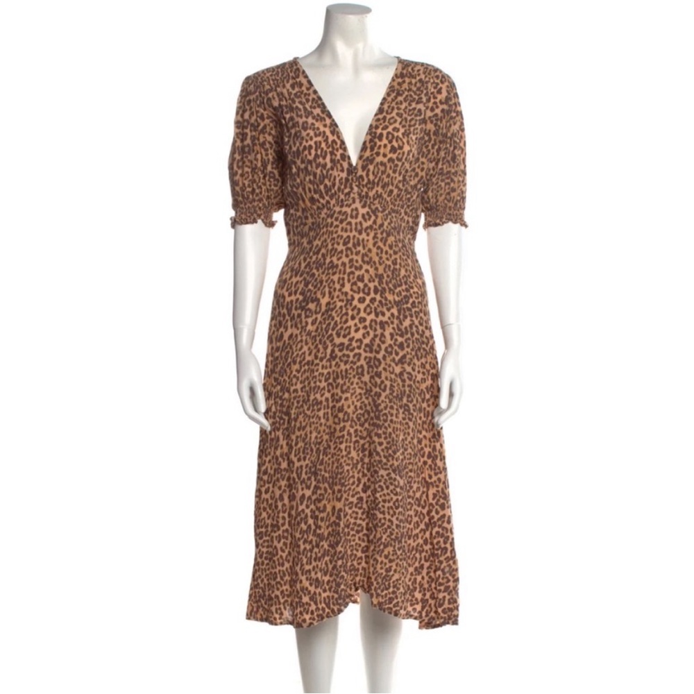 Faithfull the Brand Leopard Print V-Neck Midi Dress - Brown